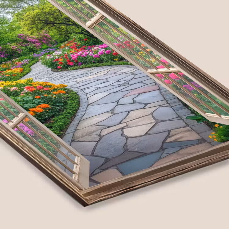 Doorkijk - Bloemen - Tuinpad - Natuur - Raam fotolijst zwart zonder passe partout klein -zsfeer6