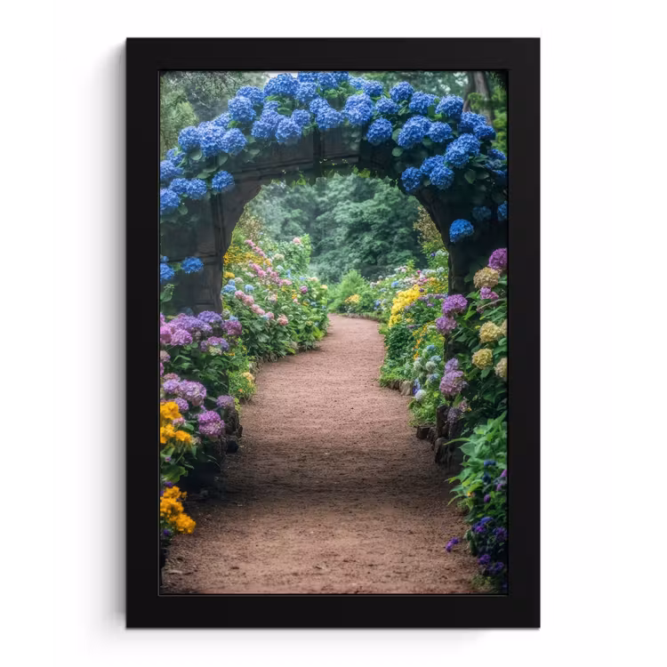 Doorkijk - Bloemen - Hortensia - Pad fotolijst zwart zonder passe partout klein -3d