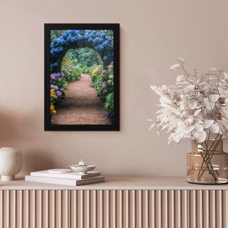 Doorkijk - Bloemen - Hortensia - Pad fotolijst zwart zonder passe partout klein -sfeer5