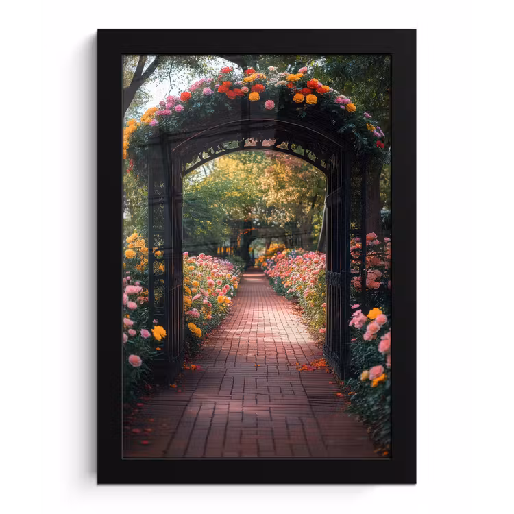 Doorkijk - Bloemen - Pad - Natuur - Kleurrijk fotolijst zwart zonder passe partout klein -3d