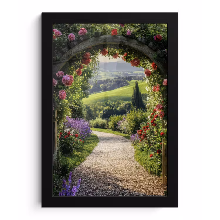 Doorkijk - Tuinboog - Bloemen - Natuur - Pad fotolijst zwart zonder passe partout klein -3d