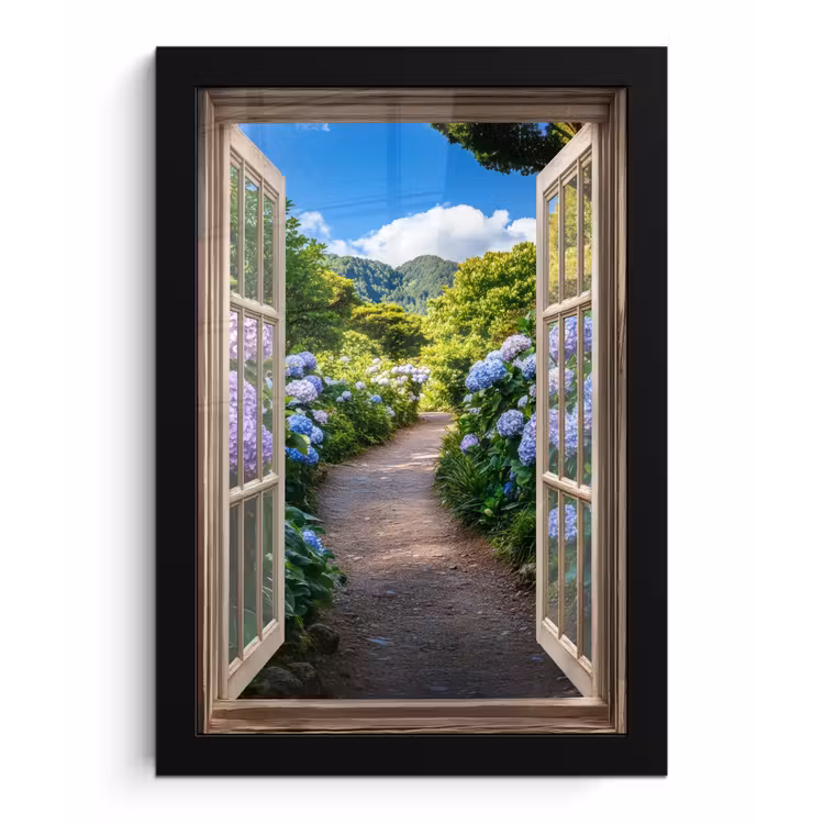 Doorkijk - Hortensia - Pad - Natuur fotolijst zwart zonder passe partout klein -3d