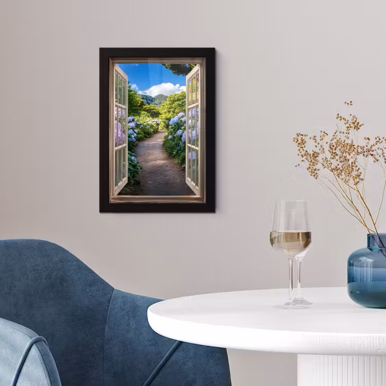 Doorkijk - Hortensia - Pad - Natuur fotolijst zwart zonder passe partout klein -sfeer4