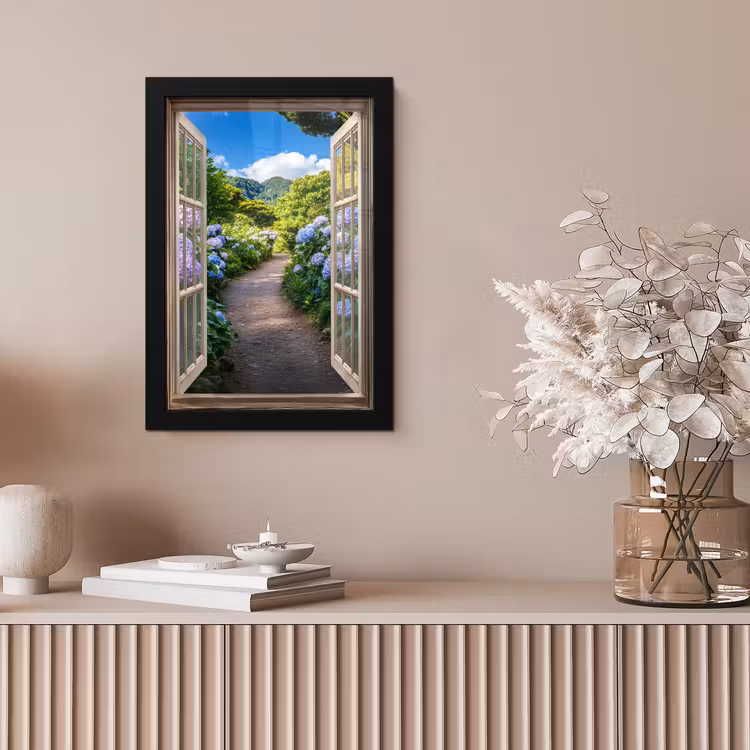 Doorkijk - Hortensia - Pad - Natuur fotolijst zwart zonder passe partout klein -sfeer5