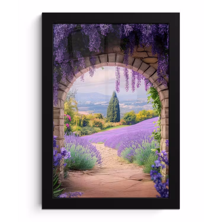Doorkijk - Lavendel - Bloemen - Paars - Poort fotolijst zwart zonder passe partout klein -3d