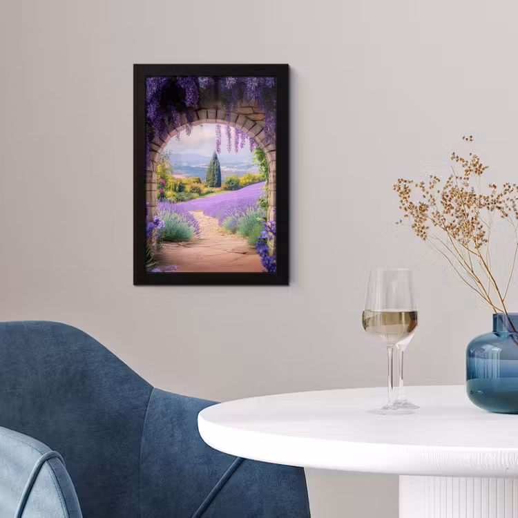 Doorkijk - Lavendel - Bloemen - Paars - Poort fotolijst zwart zonder passe partout klein -sfeer4