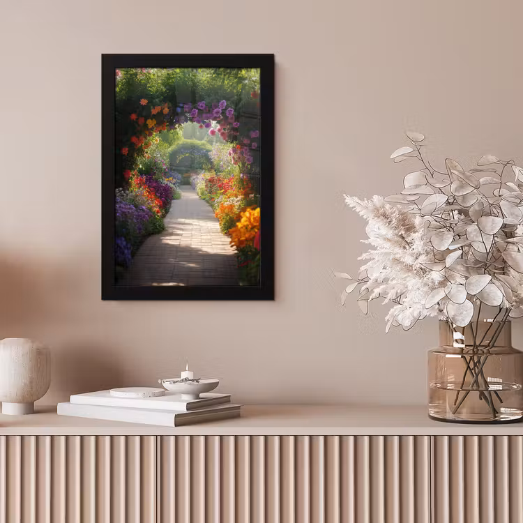 Doorkijk - Pad - Bloemen - Struik - Kleurrijk fotolijst zwart zonder passe partout klein -sfeer5