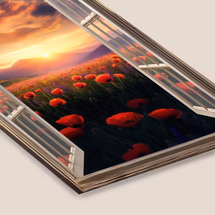 Doorkijk - Klaprozen - Bloemen - Rood - Open raam fotolijst zwart zonder passe partout klein -zsfeer6