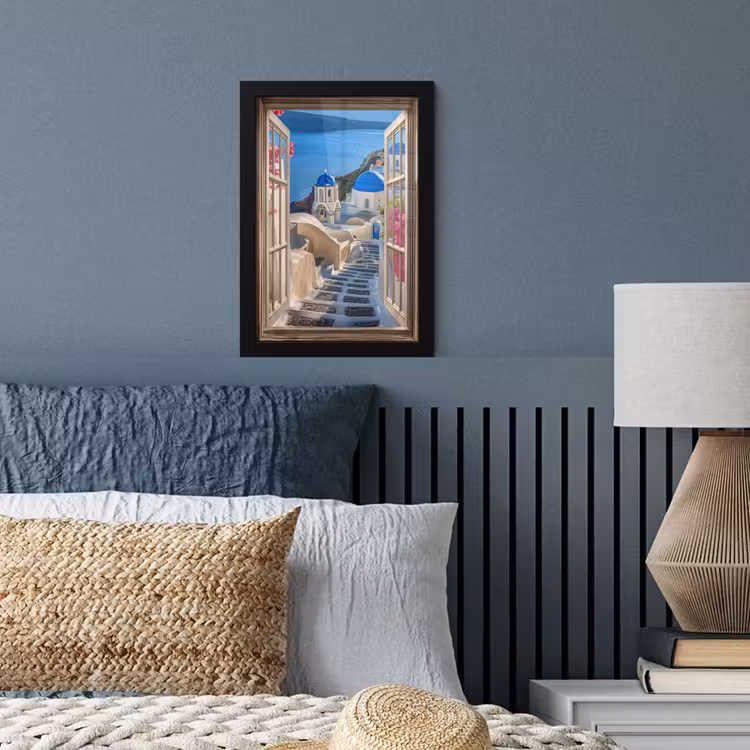 Doorkijk - Santorini - Landschap - Blauw - Grieks fotolijst zwart zonder passe partout klein -sfeer3