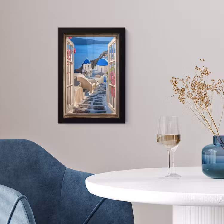 Doorkijk - Santorini - Landschap - Blauw - Grieks fotolijst zwart zonder passe partout klein -sfeer4