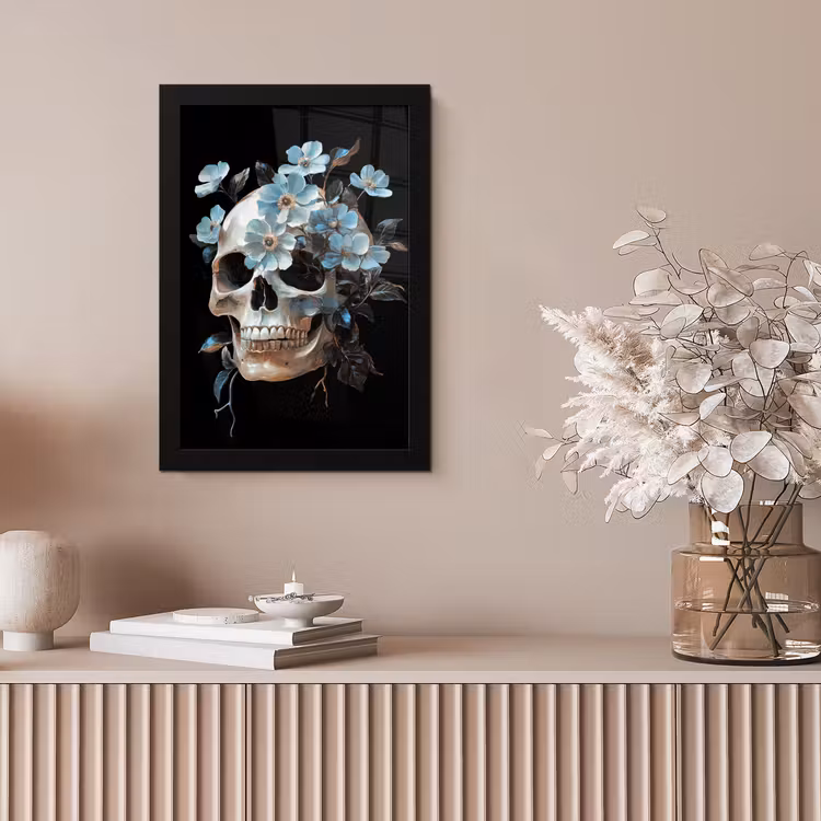 Schedel - Blauw - Bloemen - Bladeren fotolijst zwart zonder passe partout klein -sfeer5