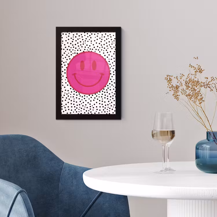 Smiley - Roze - Stippen fotolijst zwart zonder passe partout klein -sfeer4