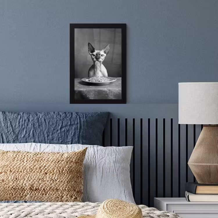 Sphynx - Kat - Dieren - Humor - Spaghetti - Zwart Wit fotolijst zwart zonder passe partout klein -sfeer3