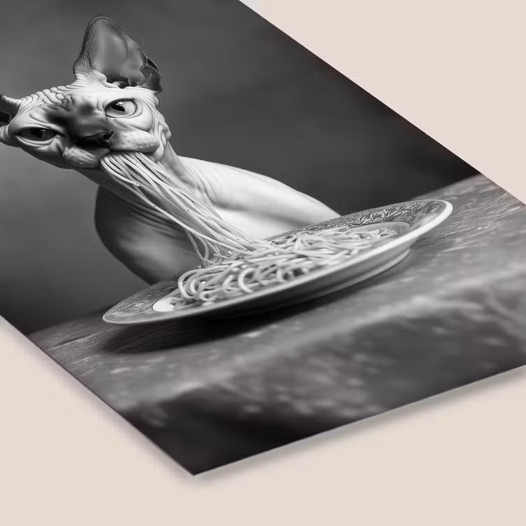 Sphynx - Kat - Dieren - Humor - Spaghetti - Zwart Wit fotolijst zwart zonder passe partout klein -zsfeer6