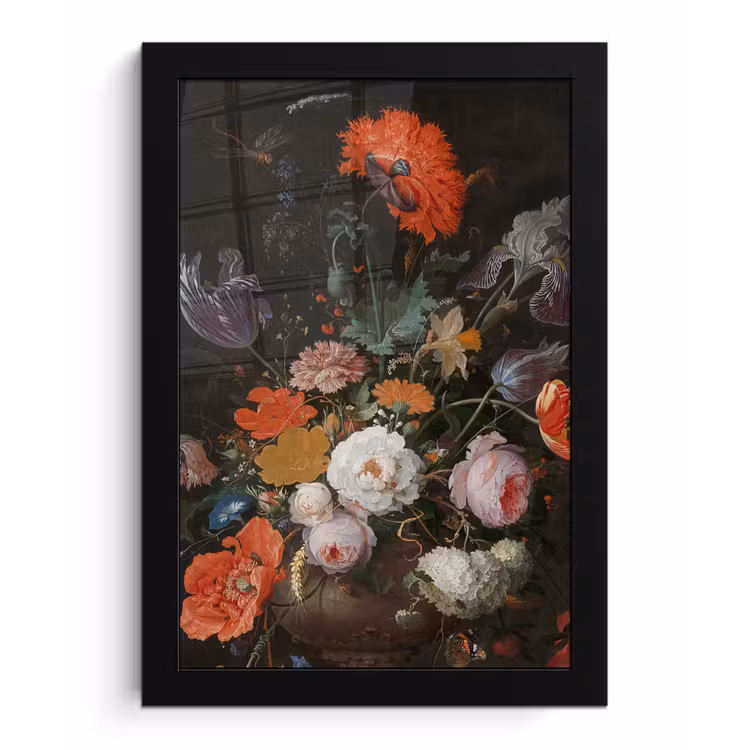 Stilleven met bloemen en een horloge - Schilderij van Abraham Mignon fotolijst zwart zonder passe partout klein -3d