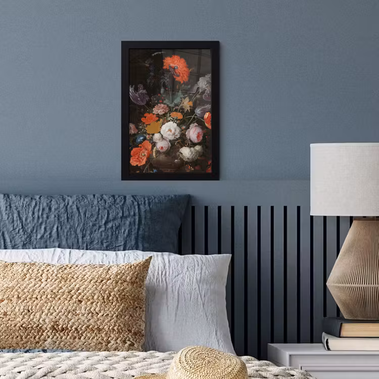 Stilleven met bloemen en een horloge - Schilderij van Abraham Mignon fotolijst zwart zonder passe partout klein -sfeer3