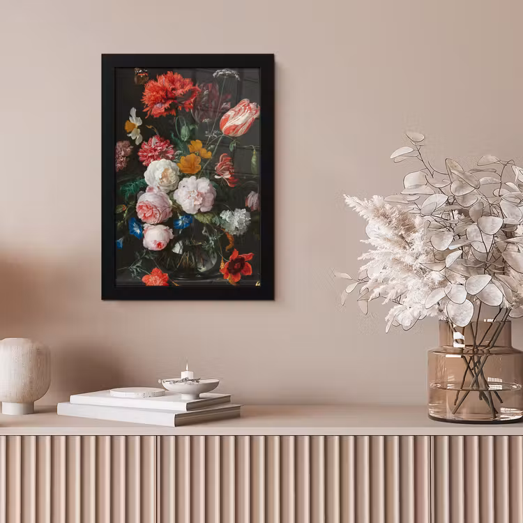 Stilleven met bloemen in een glazen vaas - Schilderij van Jan Davidsz. de Heem fotolijst zwart zonder passe partout klein -sfeer5