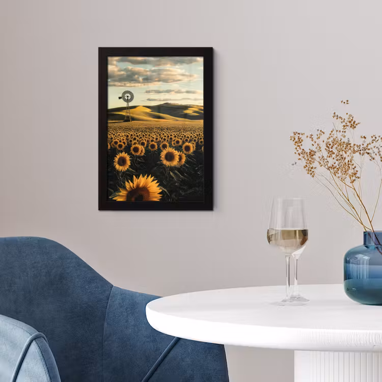 Zonnebloem - Veld - Windmolen fotolijst zwart zonder passe partout klein -sfeer4
