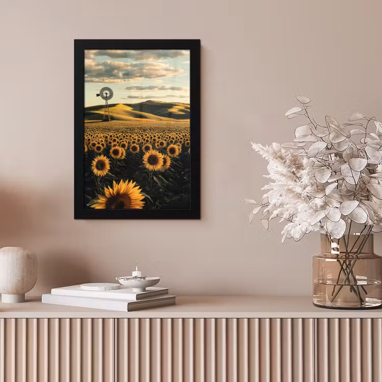 Zonnebloem - Veld - Windmolen fotolijst zwart zonder passe partout klein -sfeer5