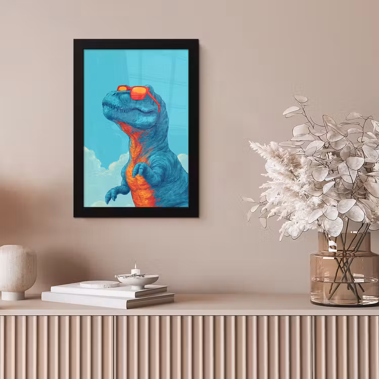 T-Rex - Blauw - Wolken - Zonnebril fotolijst zwart zonder passe partout klein -sfeer5
