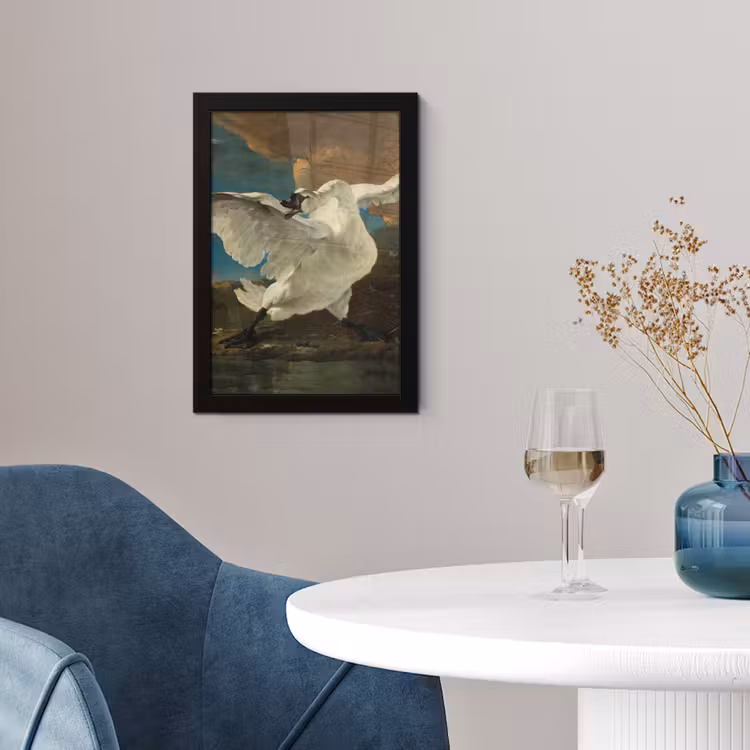 De bedreigde zwaan - Schilderij van Jan Asselijn fotolijst zwart zonder passe partout klein -sfeer4