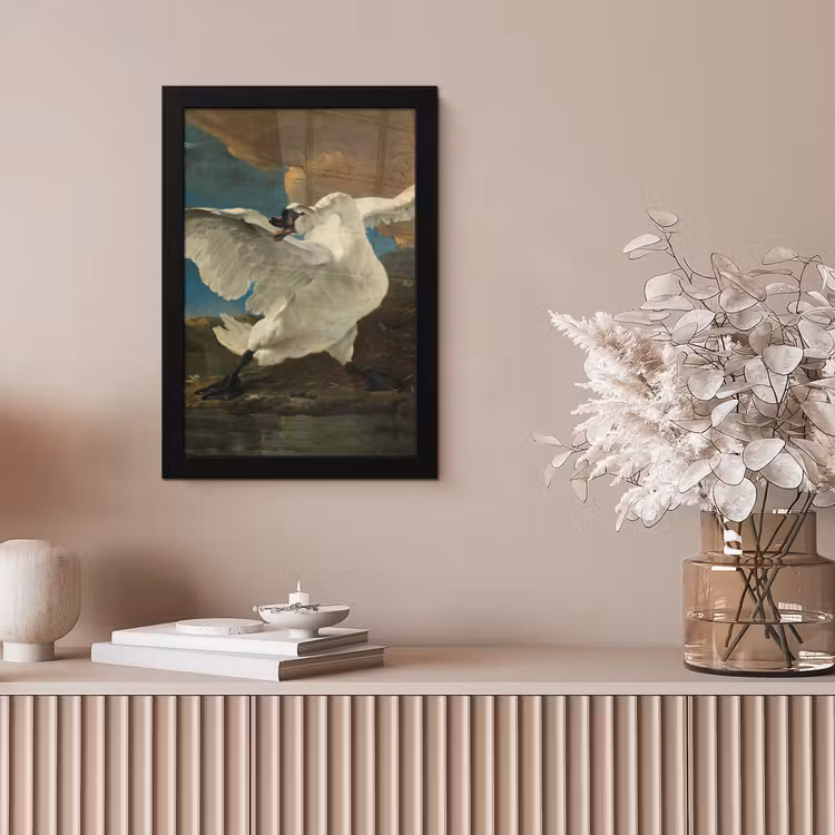 De bedreigde zwaan - Schilderij van Jan Asselijn fotolijst zwart zonder passe partout klein -sfeer5