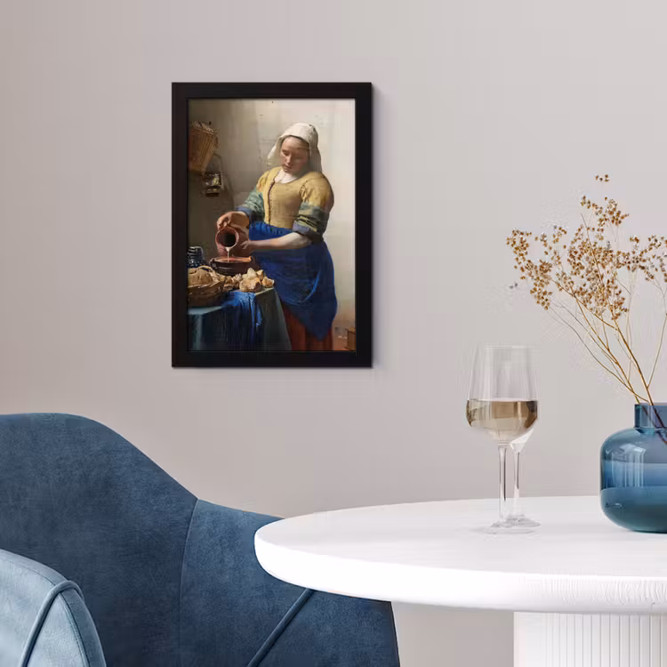 Het melkmeisje - Schilderij van Johannes Vermeer fotolijst zwart zonder passe partout klein -sfeer4