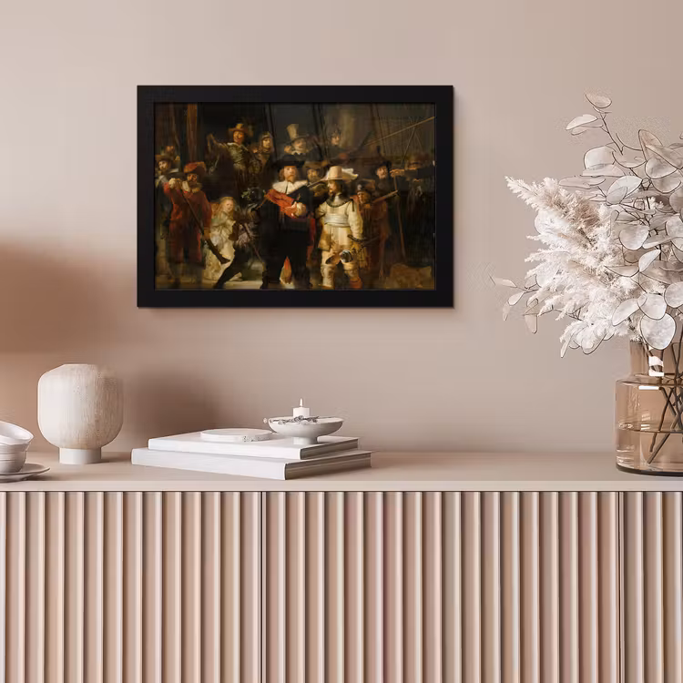 De Nachtwacht - Schilderij van Rembrandt van Rijn fotolijst zwart zonder passe partout klein -sfeer5