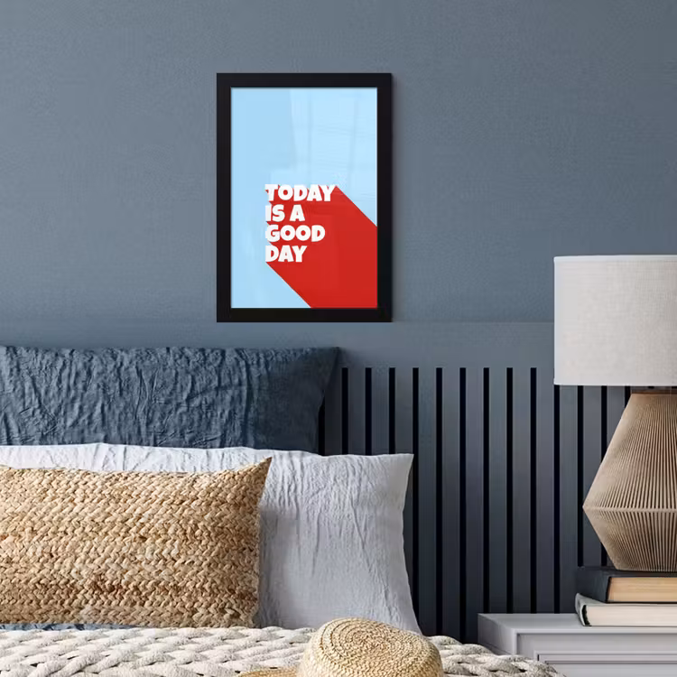 Today is a good day - Rood - lichtblauw fotolijst zwart zonder passe partout klein -sfeer3