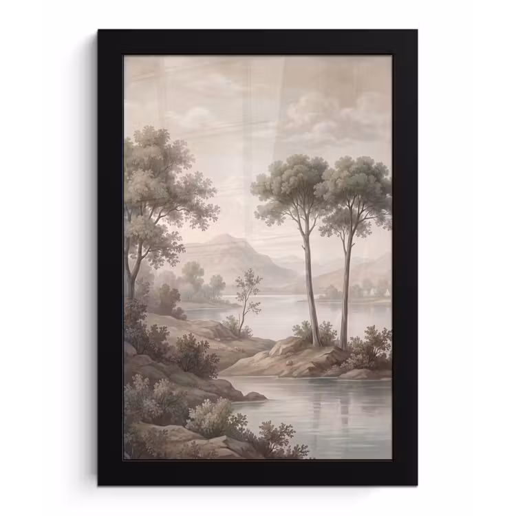 Bomen - Meer - Bergen - Illustratie fotolijst zwart zonder passe partout klein -3d