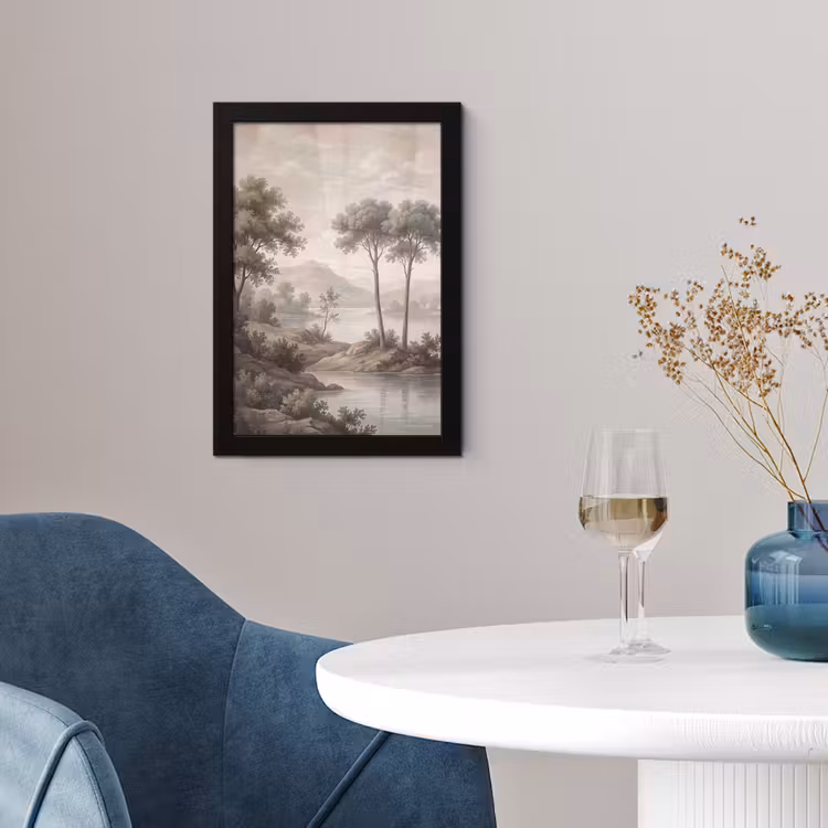 Bomen - Meer - Bergen - Illustratie fotolijst zwart zonder passe partout klein -sfeer4