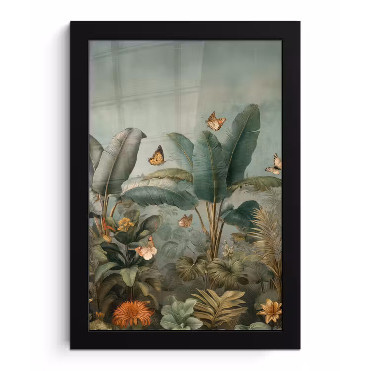 Tropisch bladerdek - Vlinders - groen - Bruin fotolijst zwart zonder passe partout klein -3d
