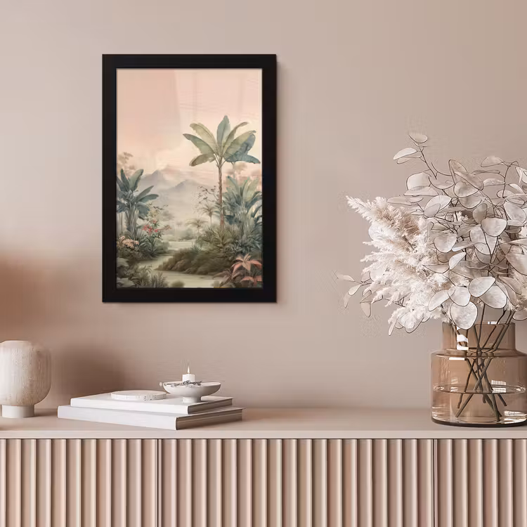 Tropisch landschap - palmbomen - Bloemen - Roze lucht fotolijst zwart zonder passe partout klein -sfeer5