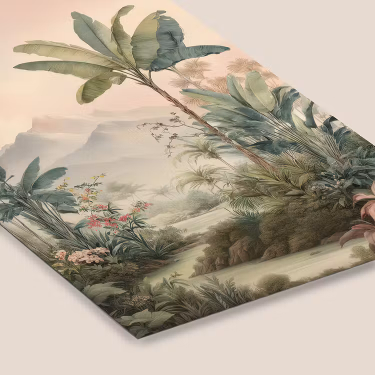 Tropisch landschap - palmbomen - Bloemen - Roze lucht fotolijst zwart zonder passe partout klein -zsfeer6