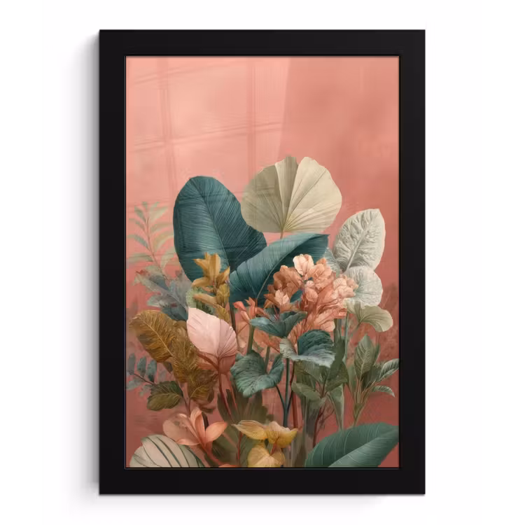 Tropische bladeren - Bloemen - Roze - groen fotolijst zwart zonder passe partout klein -3d