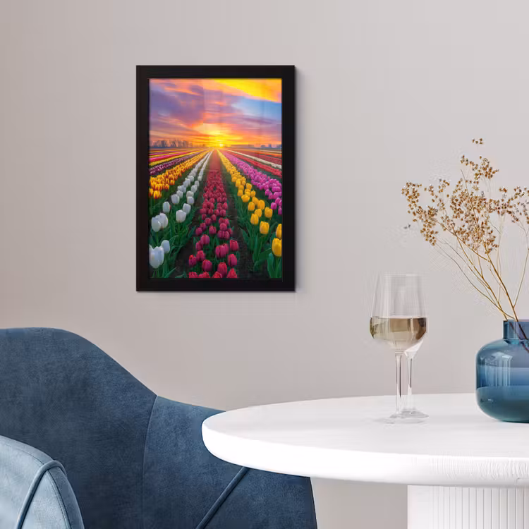 Tulpenveld - Zonsondergang - Kleurrijk fotolijst zwart zonder passe partout klein -sfeer4