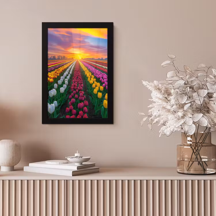 Tulpenveld - Zonsondergang - Kleurrijk fotolijst zwart zonder passe partout klein -sfeer5