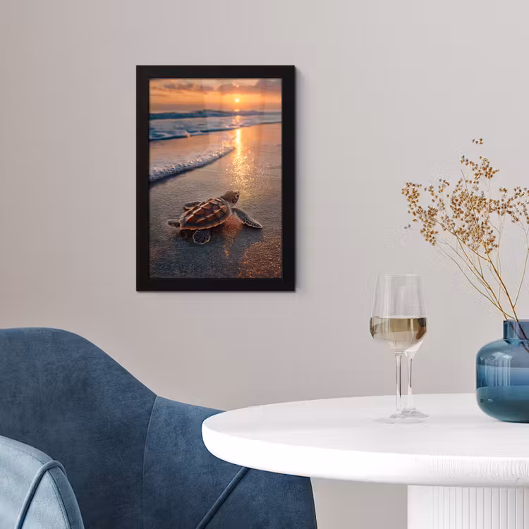 Schildpad - strand - Zonsondergang fotolijst zwart zonder passe partout klein -sfeer4