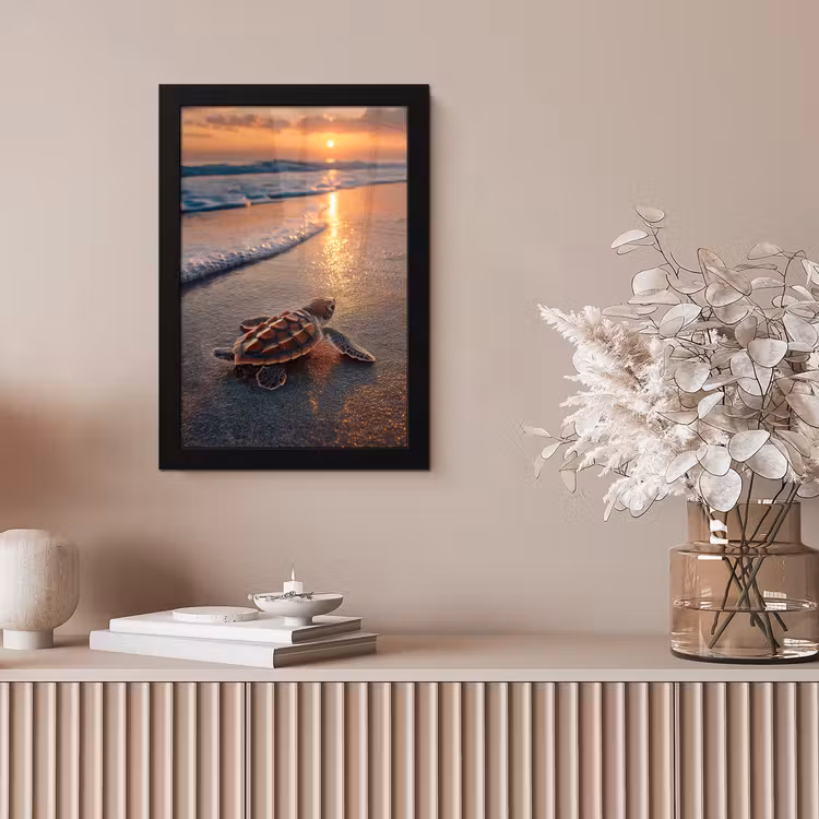 Schildpad - strand - Zonsondergang fotolijst zwart zonder passe partout klein -sfeer5