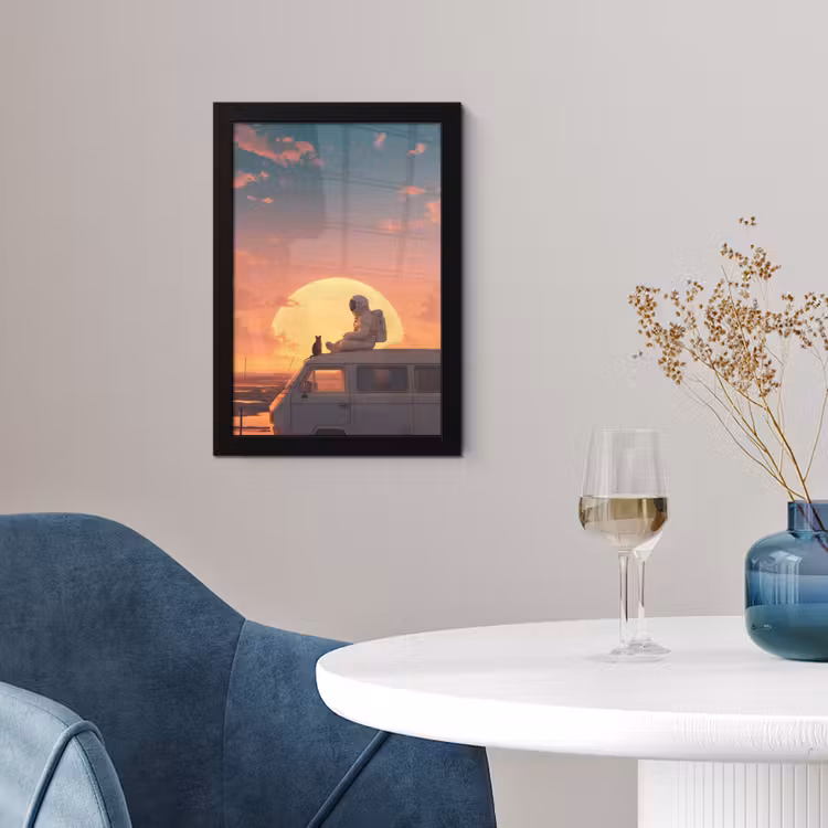 Busje - Kat - Zonsondergang - Oranje fotolijst zwart zonder passe partout klein -sfeer4