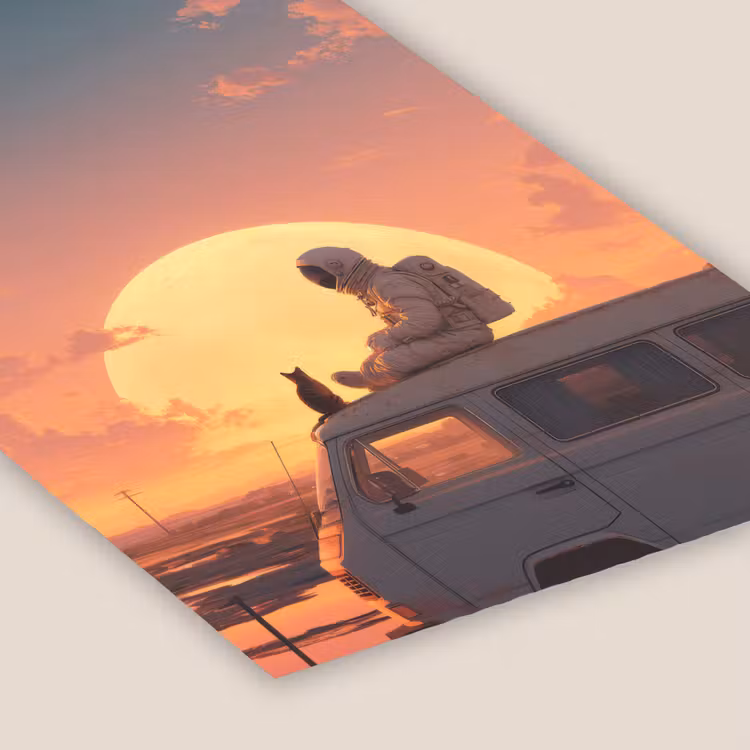 Busje - Kat - Zonsondergang - Oranje fotolijst zwart zonder passe partout klein -zsfeer6