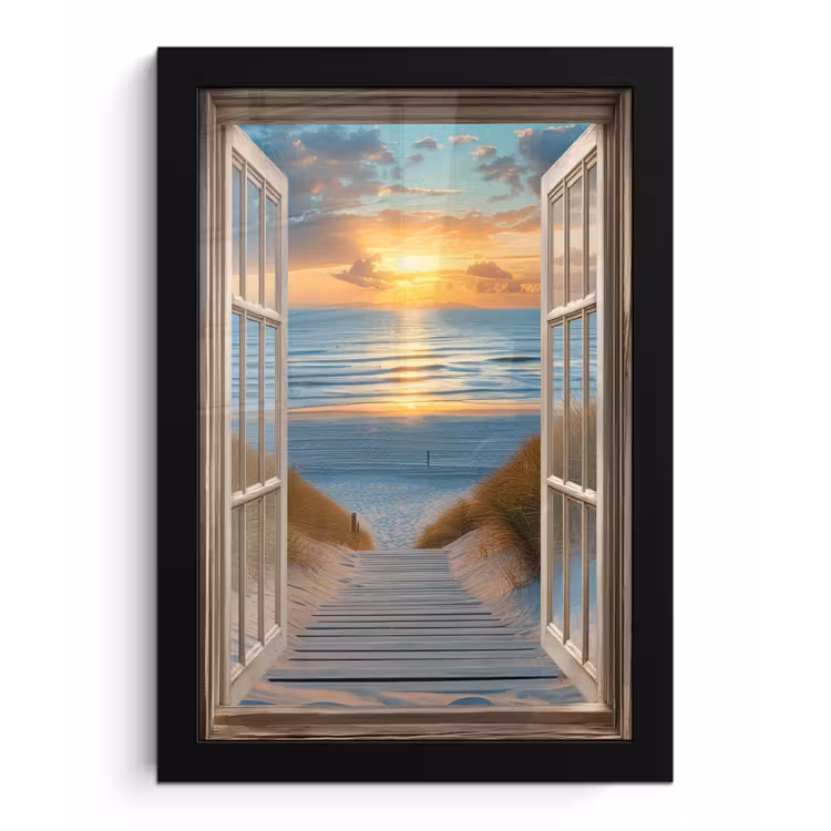 Doorkijk - Strand - Pad - Zonsondergang fotolijst zwart zonder passe partout klein -3d