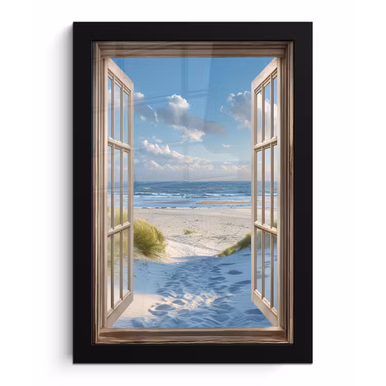 Doorkijk - Strand - Raam - Duinen - Zee fotolijst zwart zonder passe partout klein -3d