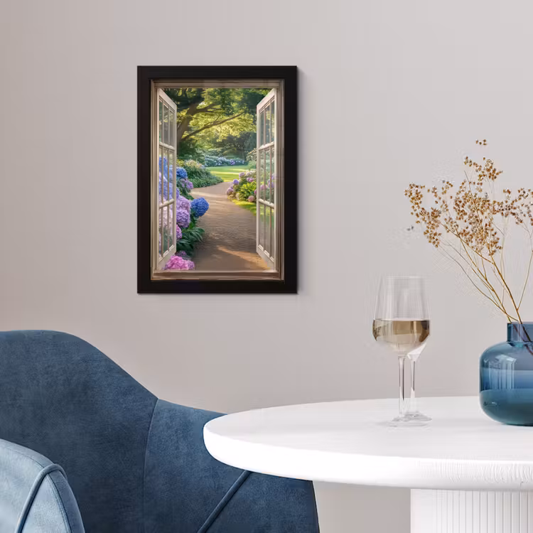 Doorkijk - Tuin - Raam - Hortensia - Bloemen fotolijst zwart zonder passe partout klein -sfeer4