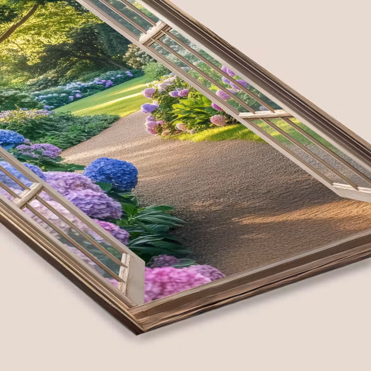 Doorkijk - Tuin - Raam - Hortensia - Bloemen fotolijst zwart zonder passe partout klein -zsfeer6