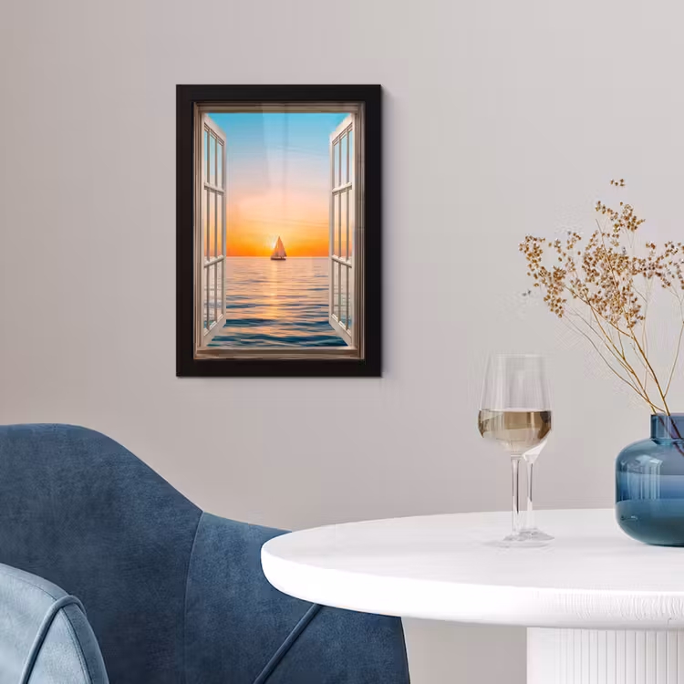 Doorkijk - Zee - Boot - Zonsondergang fotolijst zwart zonder passe partout klein -sfeer4