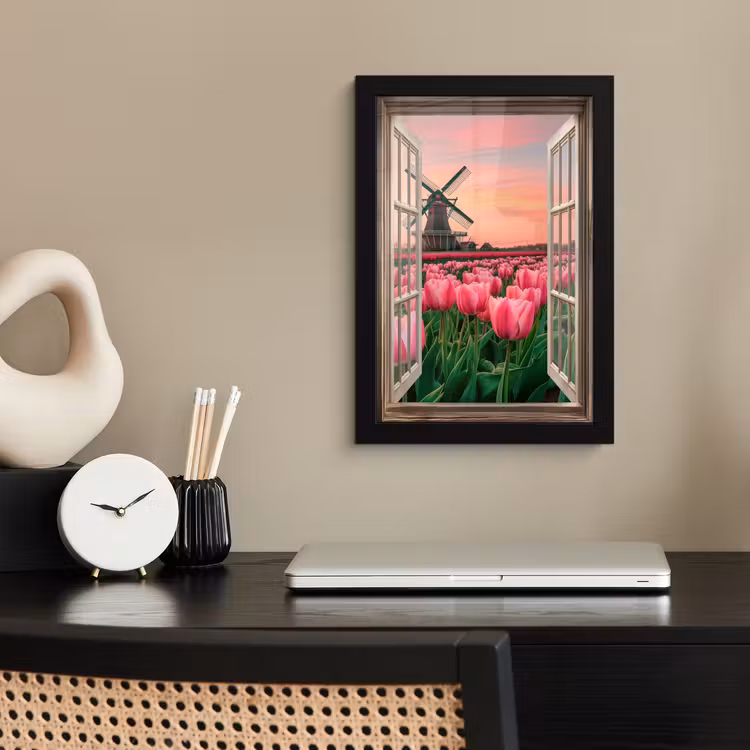 Doorkijk - Tulpen - Bloemen - Molen - Raam fotolijst zwart zonder passe partout klein -sfeer1