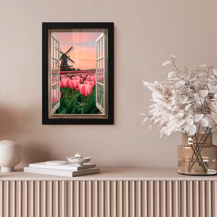 Doorkijk - Tulpen - Bloemen - Molen - Raam fotolijst zwart zonder passe partout klein -sfeer5