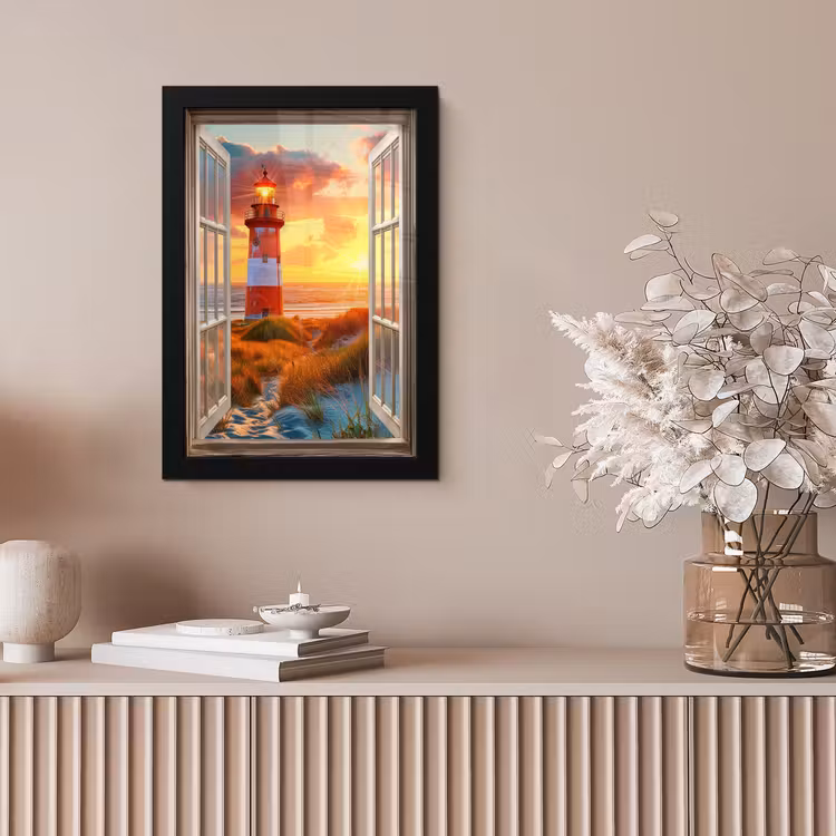 Doorkijk - Raam - Vuurtoren - Zonsondergang - Strand fotolijst zwart zonder passe partout klein -sfeer5