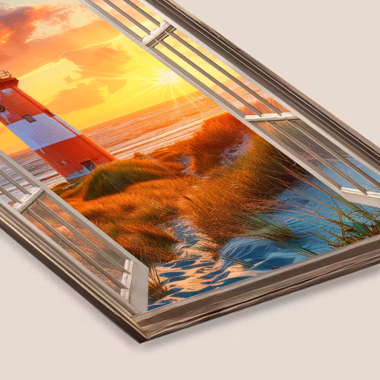 Doorkijk - Raam - Vuurtoren - Zonsondergang - Strand fotolijst zwart zonder passe partout klein -zsfeer6